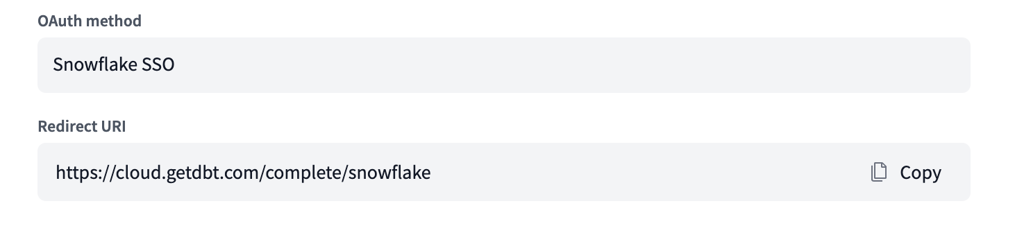 Locate the Snowflake OAuth redirect URI The OAuth method and Redirect URI inputs for a Snowflake connection in dbt Cloud.